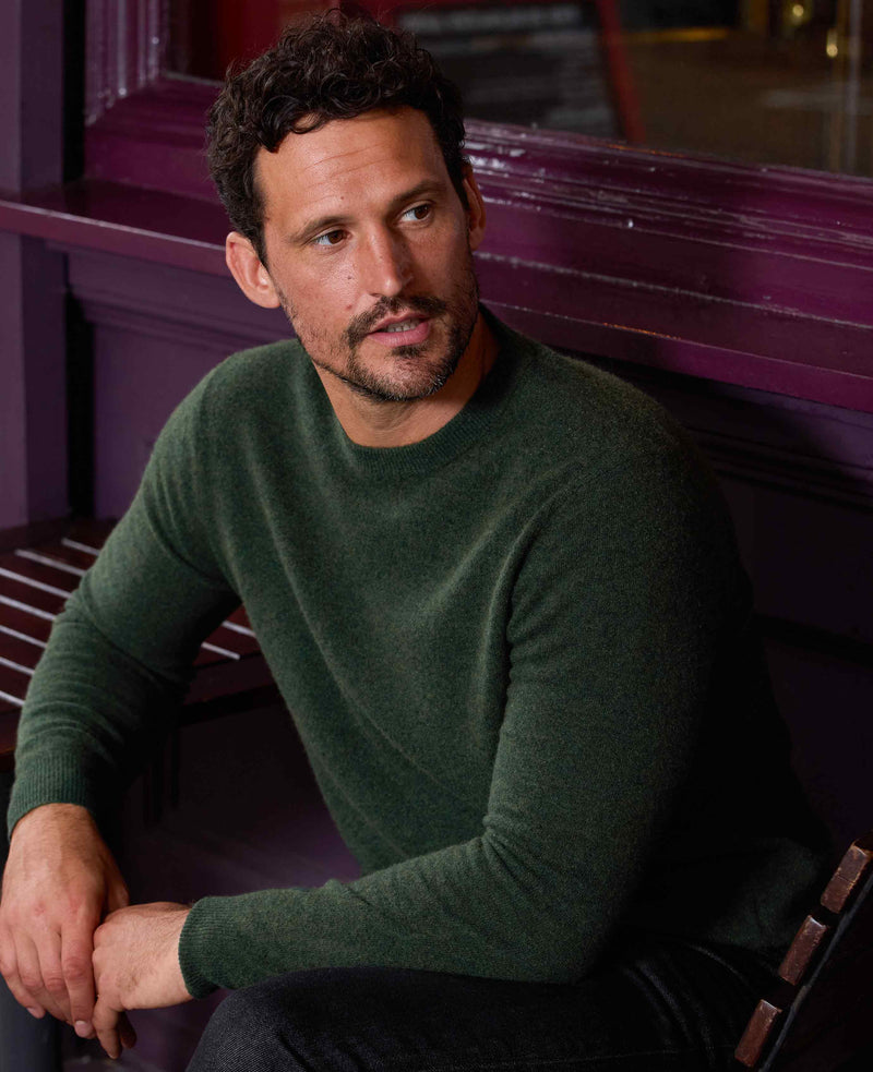 Men's Green Merino Wool Cashmere Crew Neck Jumper model shot 3