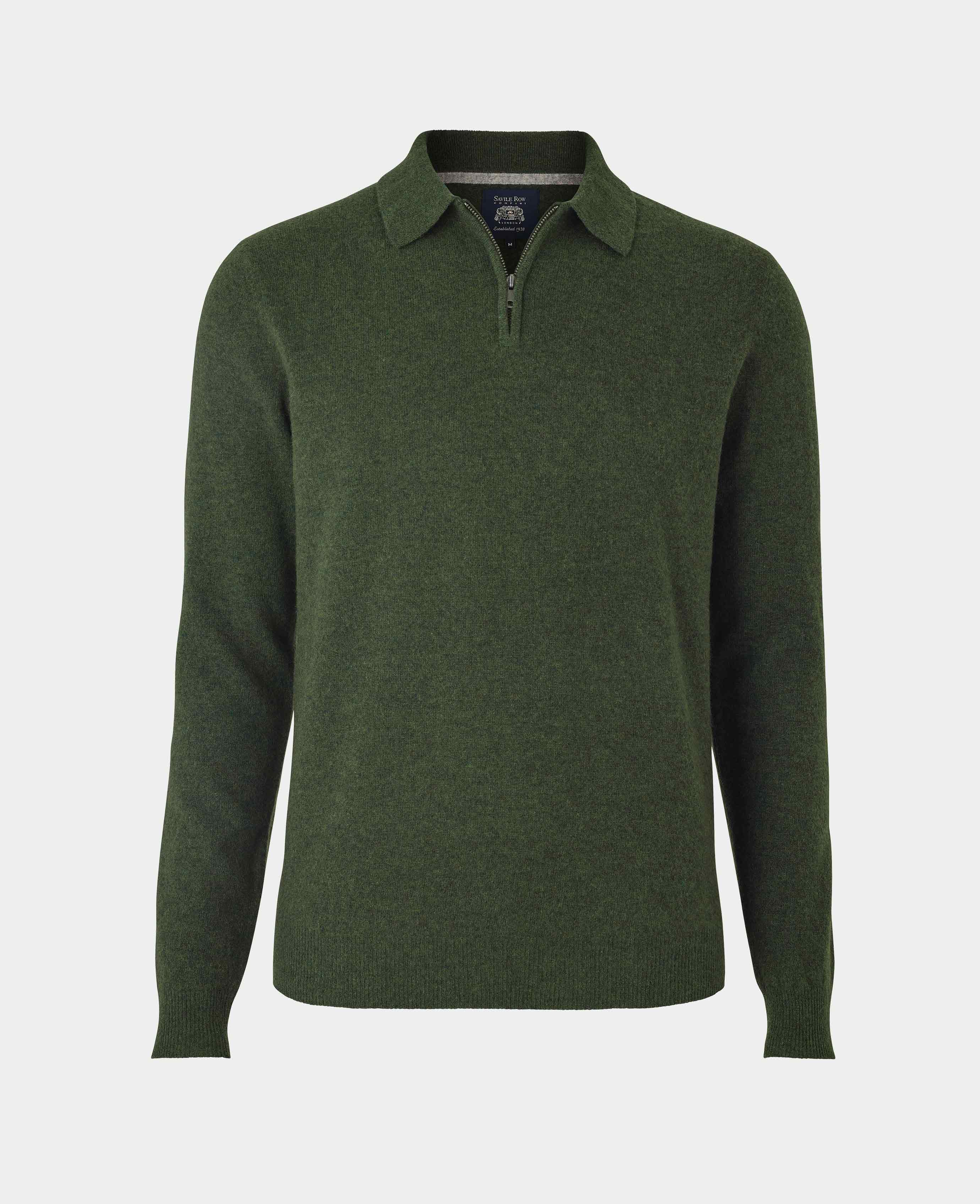 Men's Dark Green Merino Wool Cashmere Zip Neck Long Sleeve