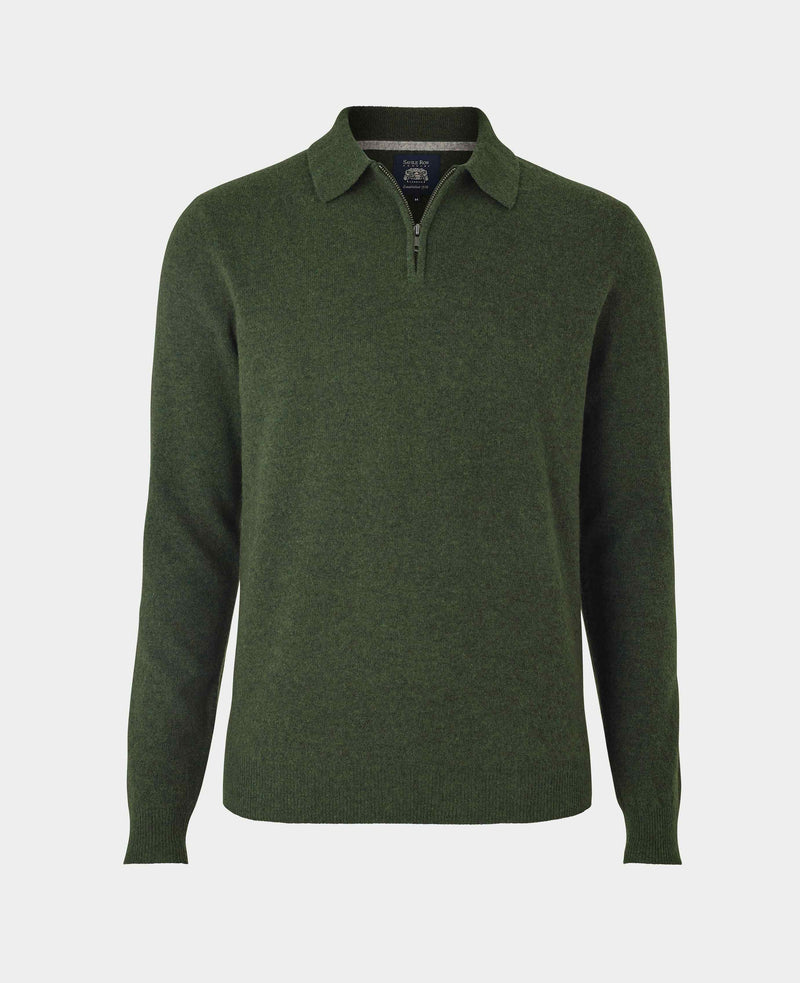 Dark Green Merino Wool Cashmere Zip Neck Long Sleeve Polo Shirt