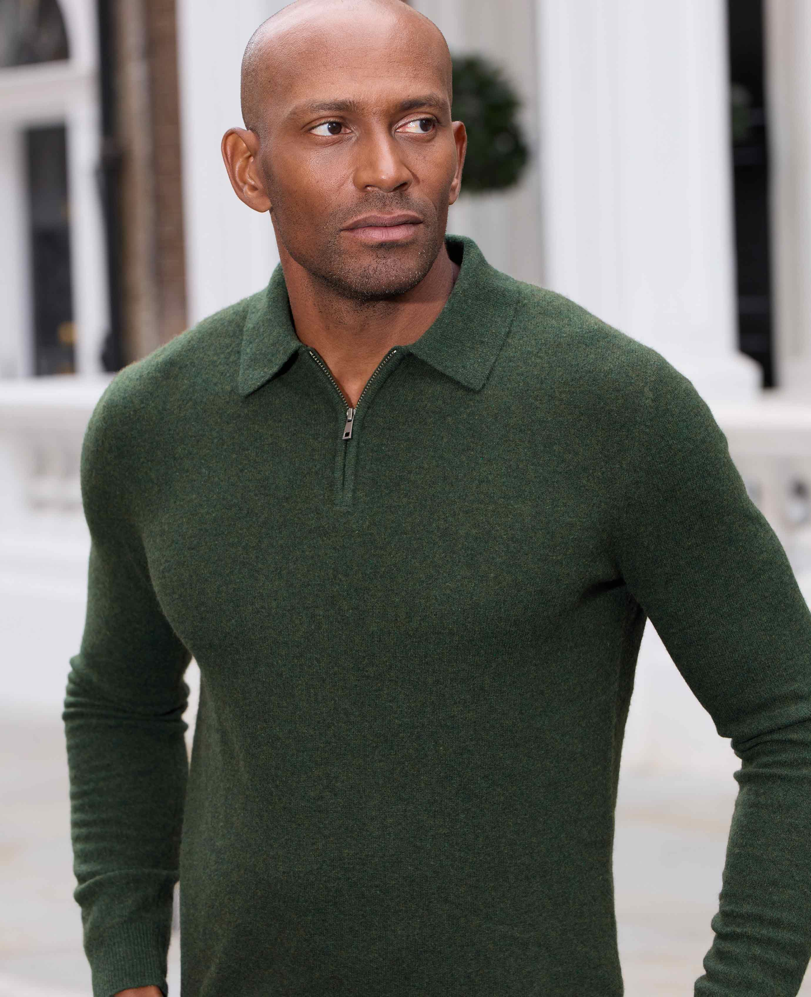 Men s Dark Green Merino Wool Cashmere Zip Neck Long Sleeve Polo Shirt Savile Row Company