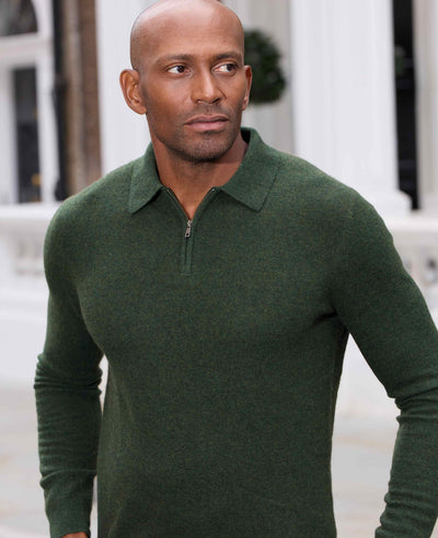 dark green merino wool cashmere zip neck long sleeve polo shirt mkw566grn model image 1