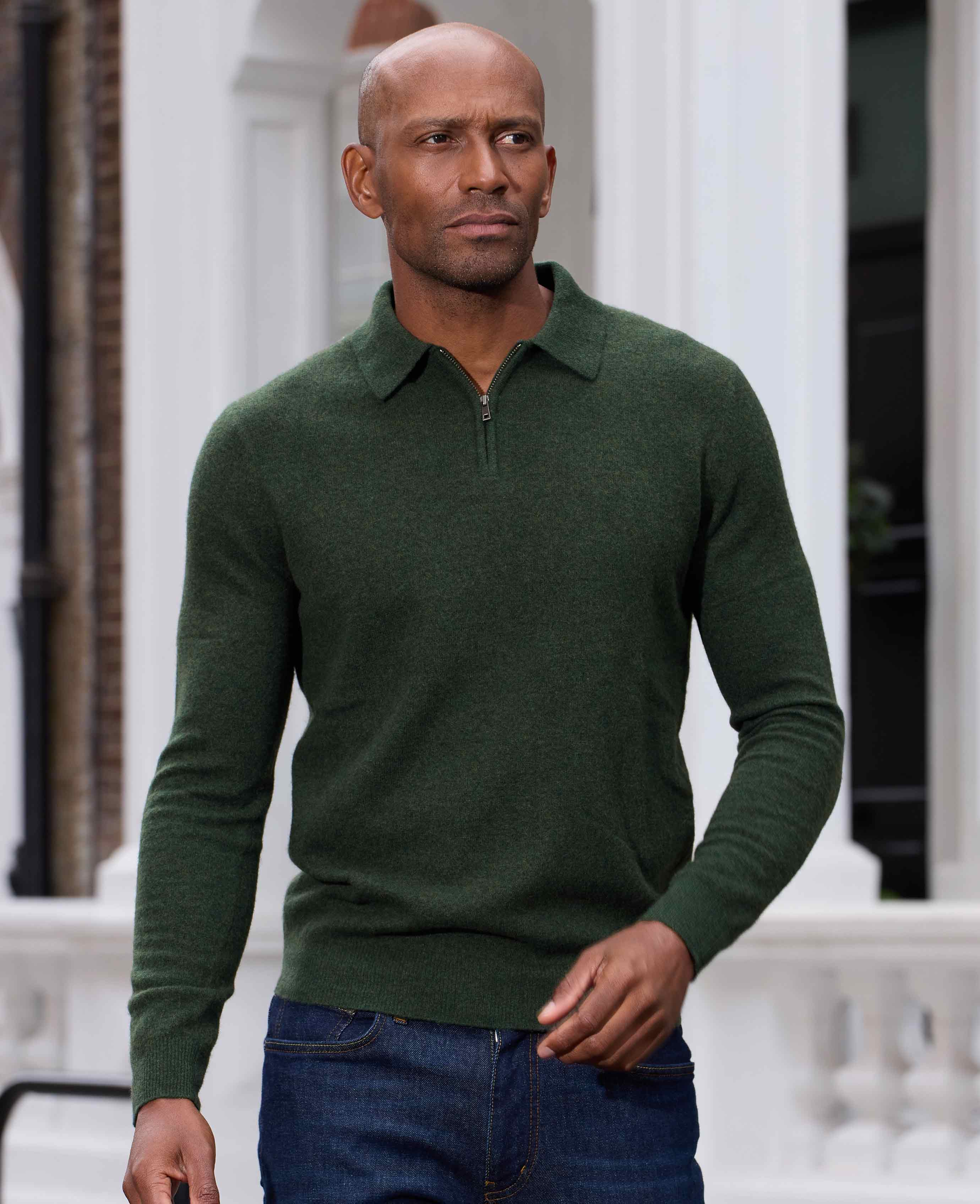 Men's Dark Green Merino Wool Cashmere Zip Neck Long Sleeve Polo