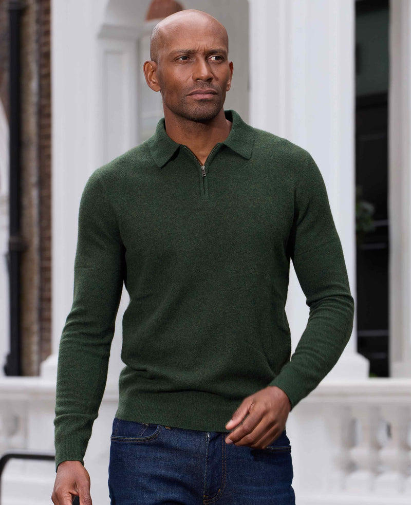 Dark Green Merino Wool Cashmere Zip Neck Long Sleeve Polo Shirt