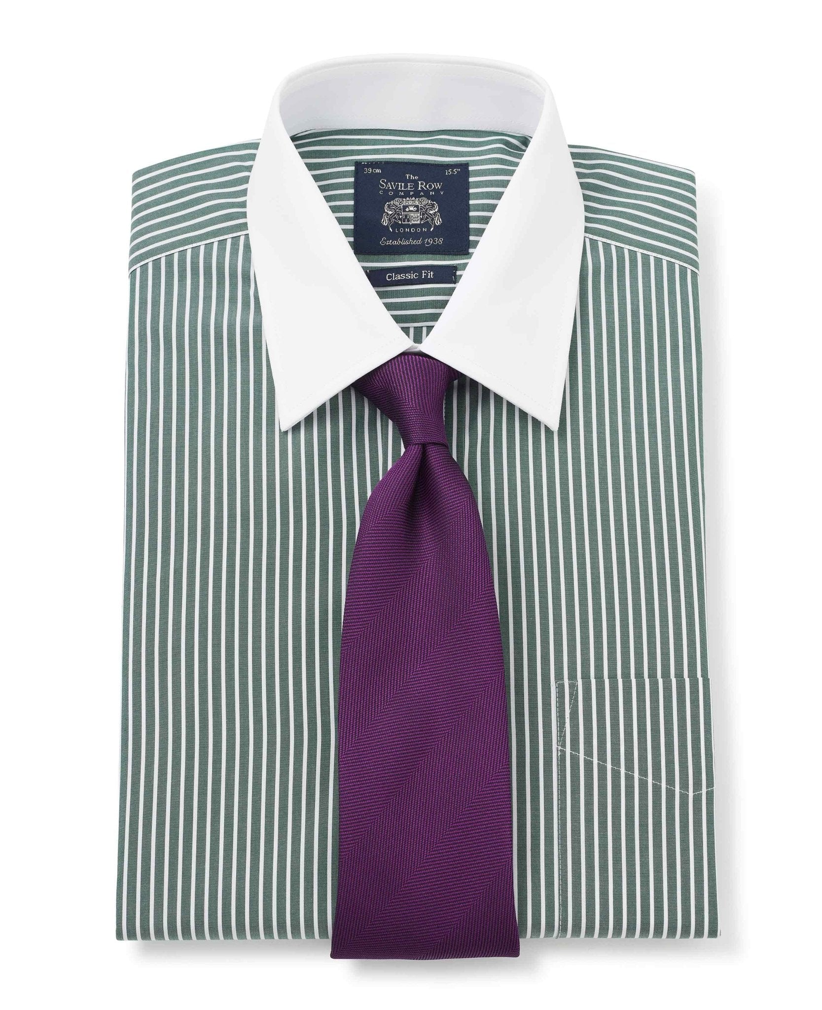 Men's Green Stripe Classic Fit Shirt With White Collar & Cuffs | Savile Row Company Men's Green Stripe Classic Fit Shirt With White Collar & Cuffs | Savile Row Company