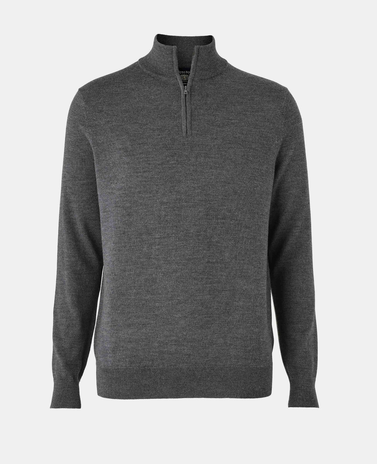 A dark gray heathered quarter-zip knit sweater with a mock neck collar, displayed on a light gray background.