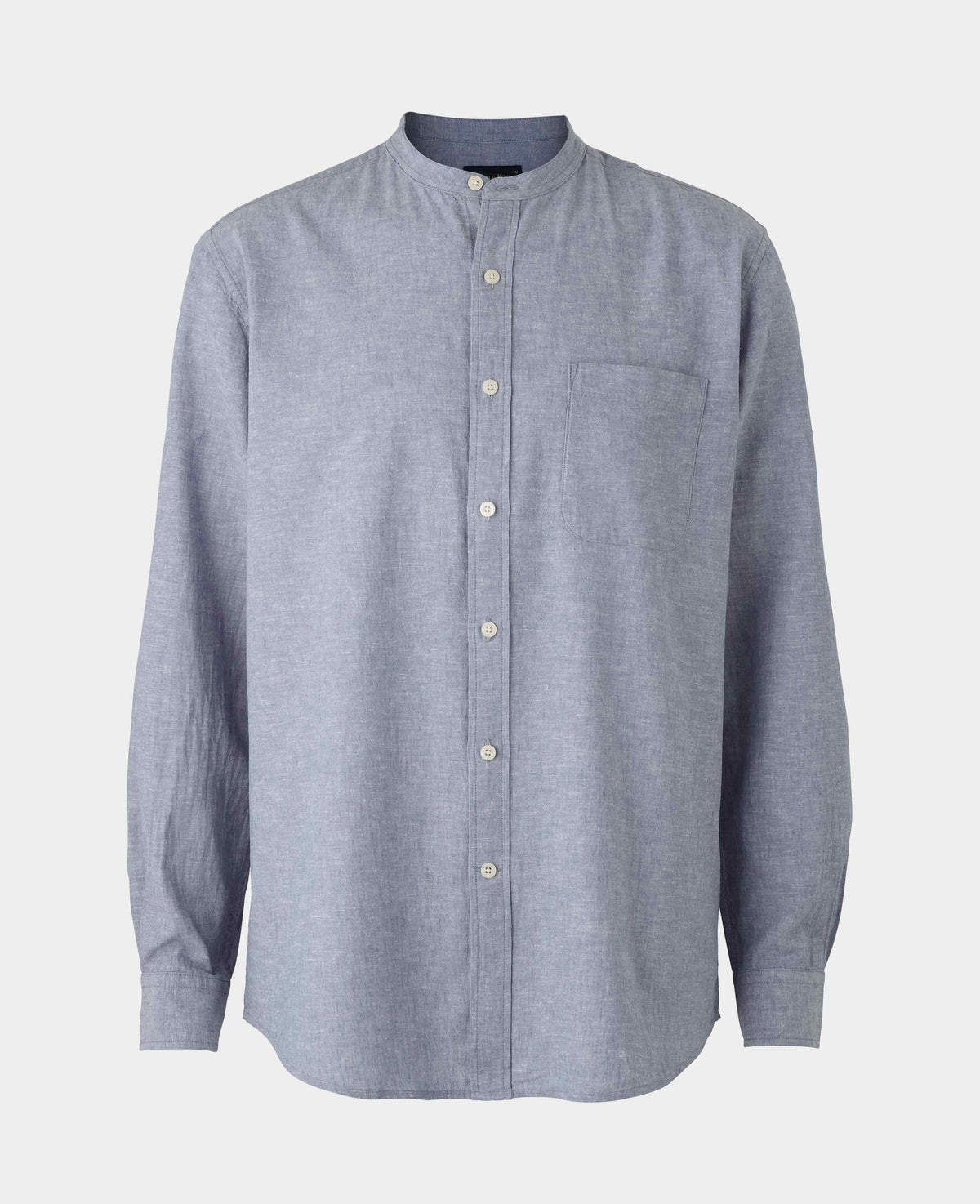 Men's Denim Blue Linen Cotton Classic Fit Grandad Collar Casual Shirt mannequin