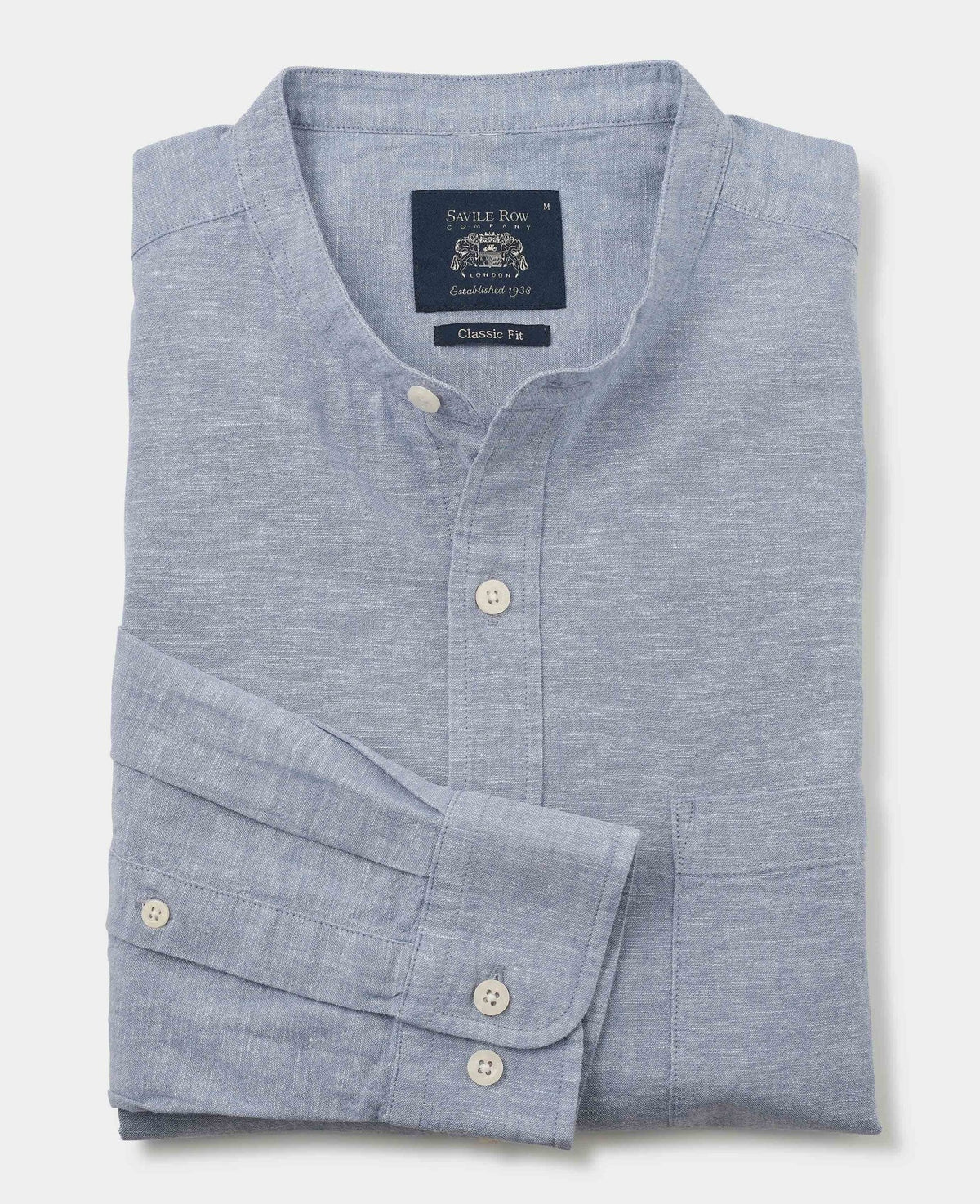Men's Denim Blue Linen Cotton Classic Fit Grandad Collar Casual Shirt folded