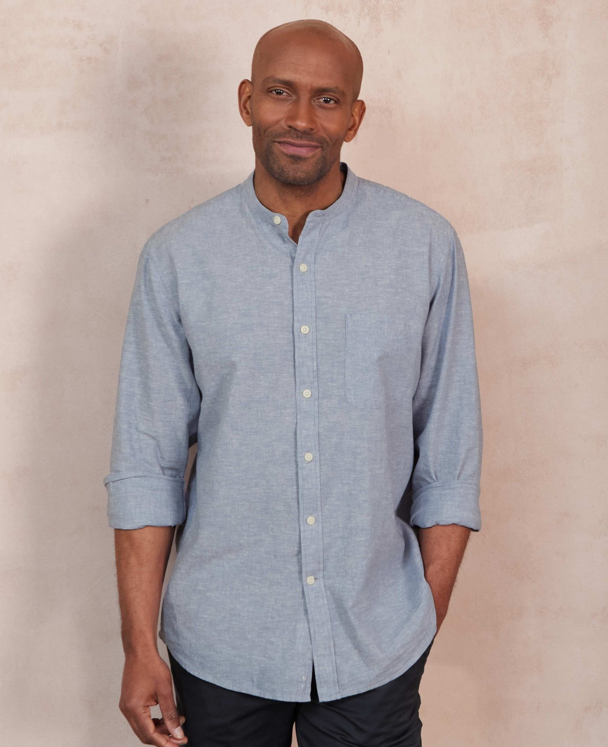 Men's Denim Blue Linen Cotton Classic Fit Grandad Collar Casual Shirt model shot 1