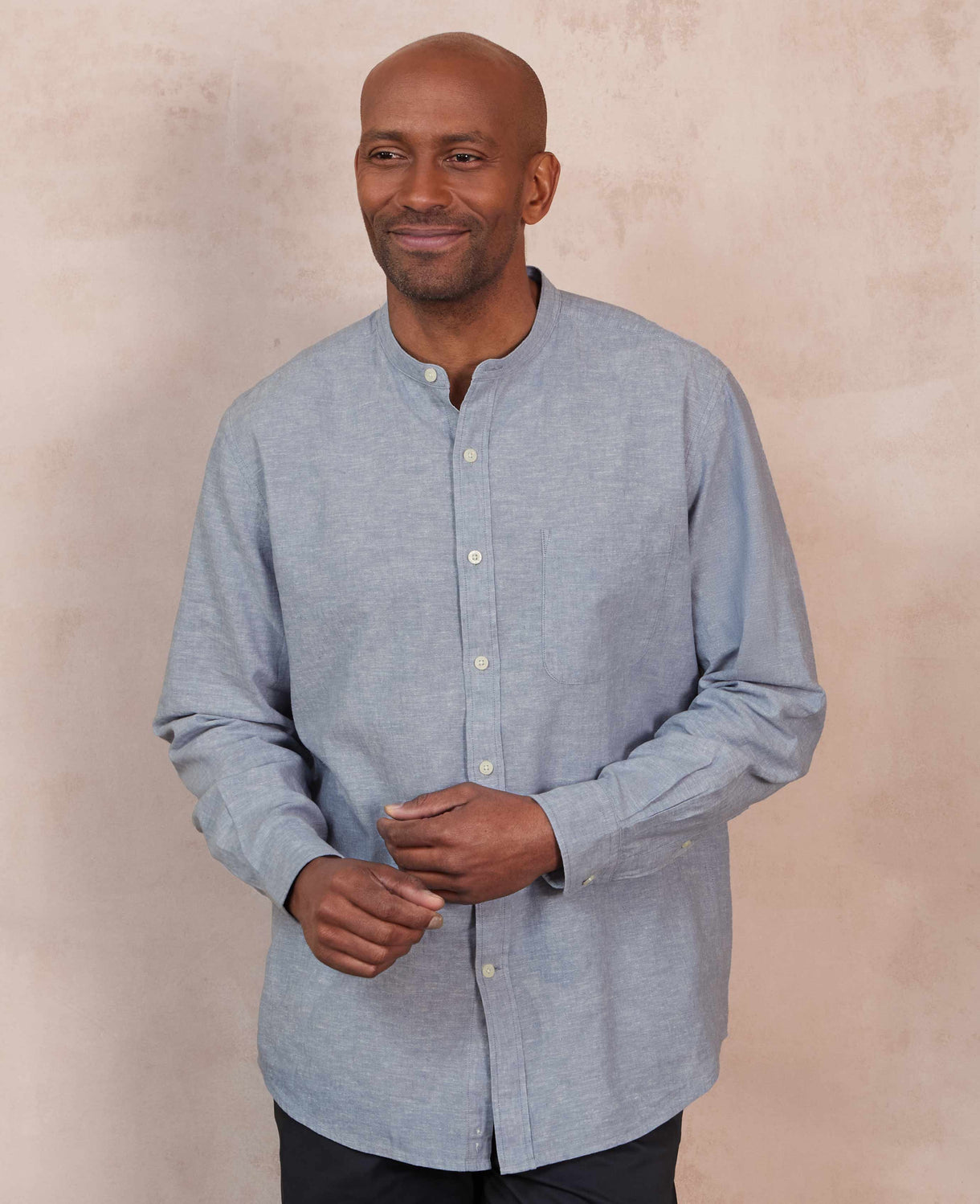 Men's Denim Blue Linen Cotton Classic Fit Grandad Collar Casual Shirt model shot 2