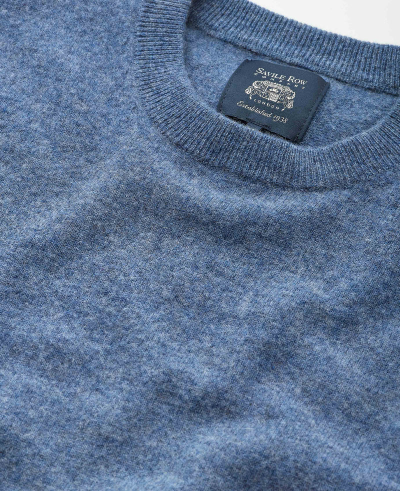 Men's Denim Blue Merino Wool Cashmere Crew Neck Jumper collar detail