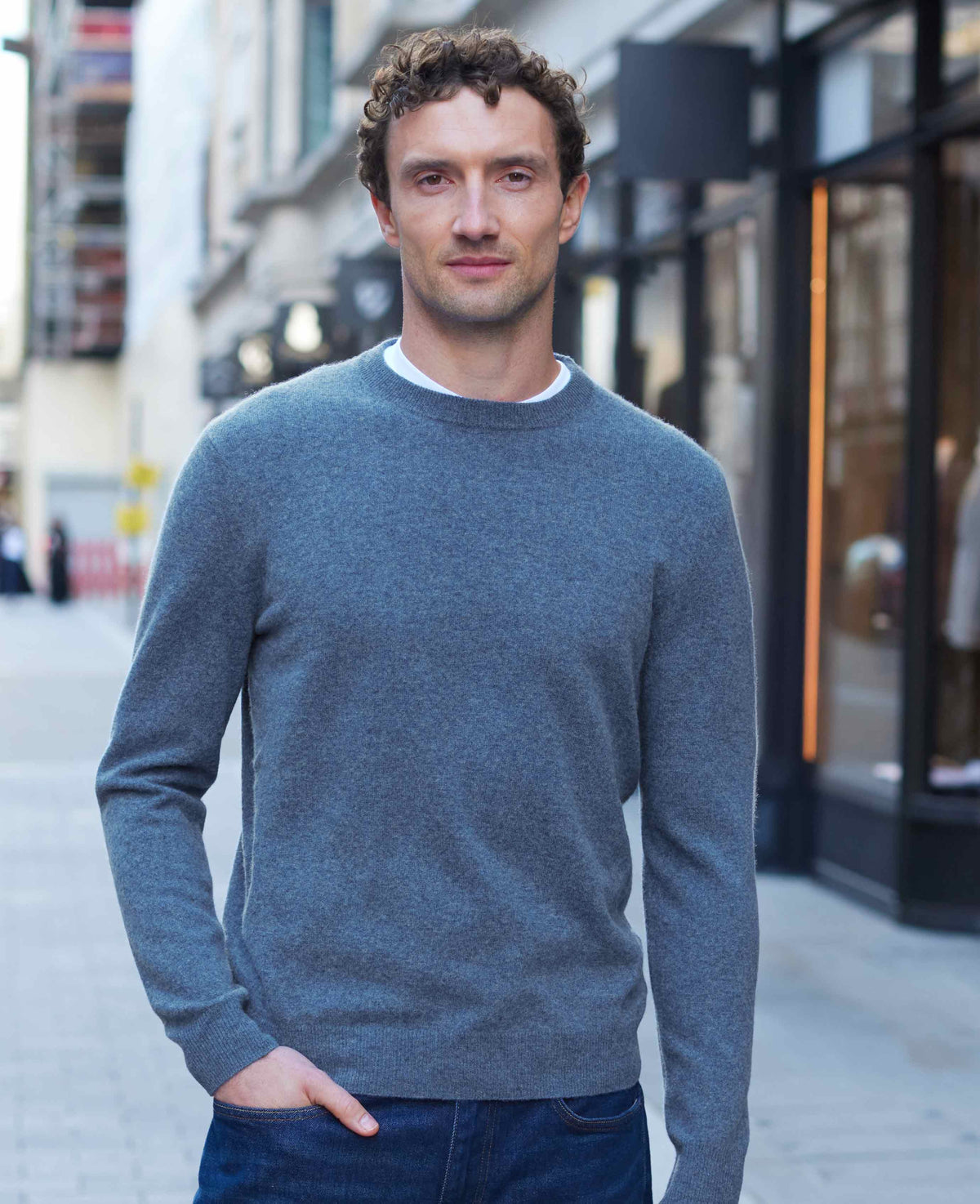 Men's Denim Blue Merino Wool Cashmere Crew Neck Jumper model shot