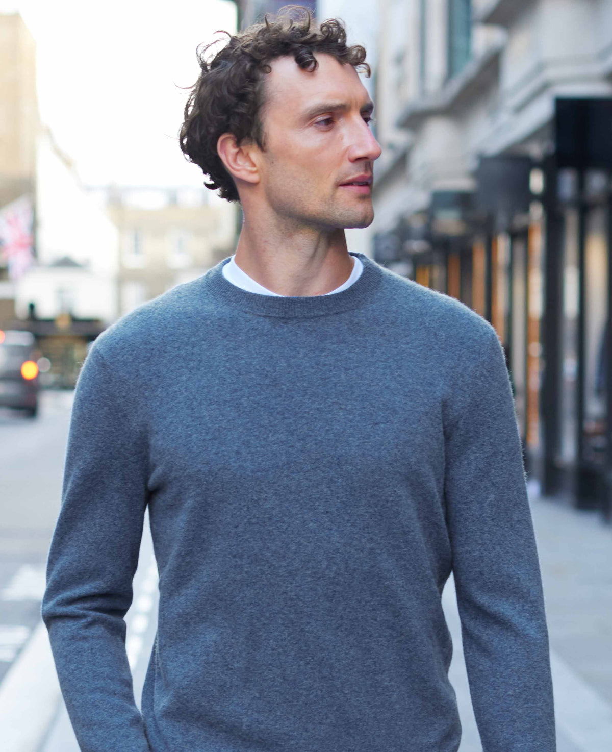 Men's Denim Blue Merino Wool Cashmere Crew Neck Jumper model shot