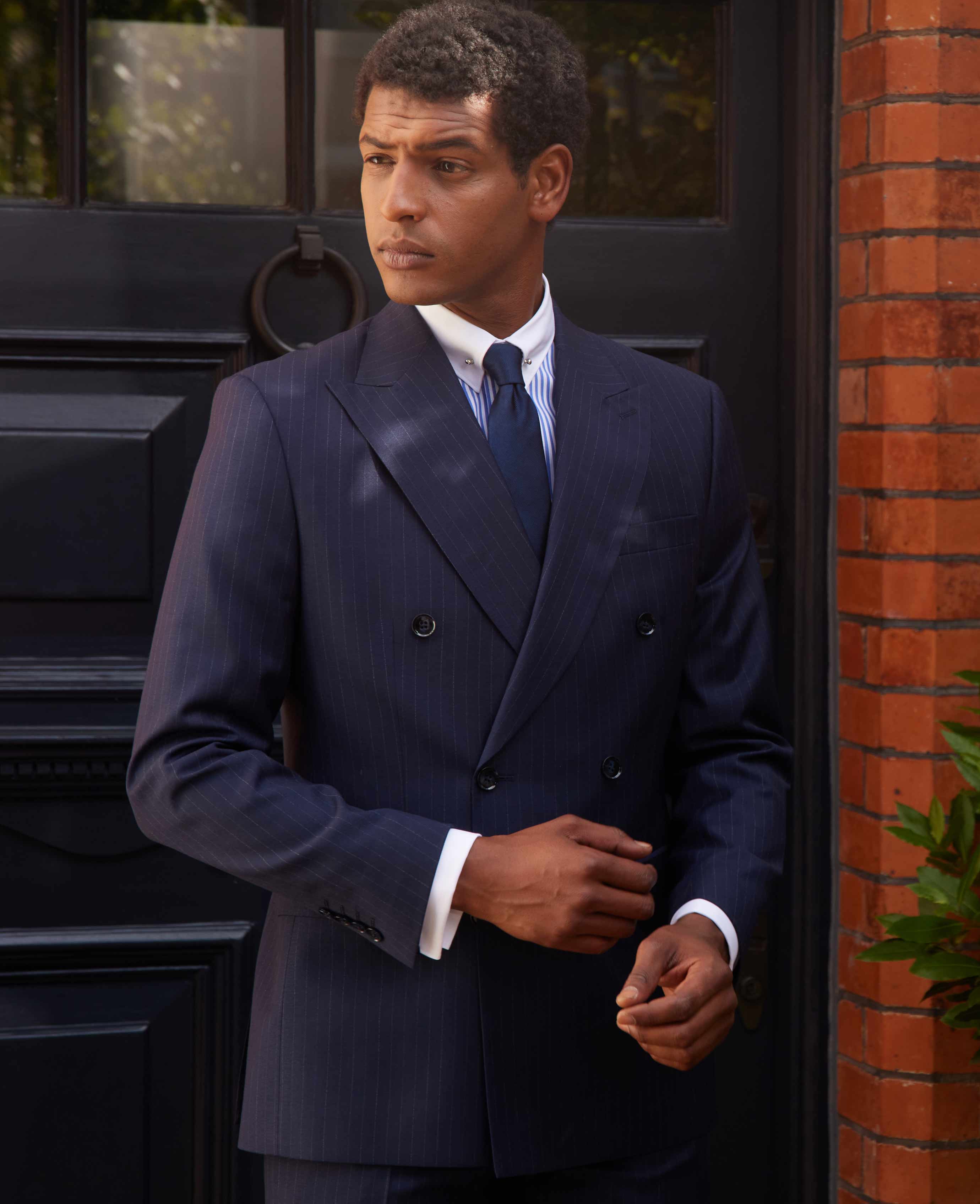 Men's Navy Stripe Double-Breasted Suit Jacket | Savile Row Company
