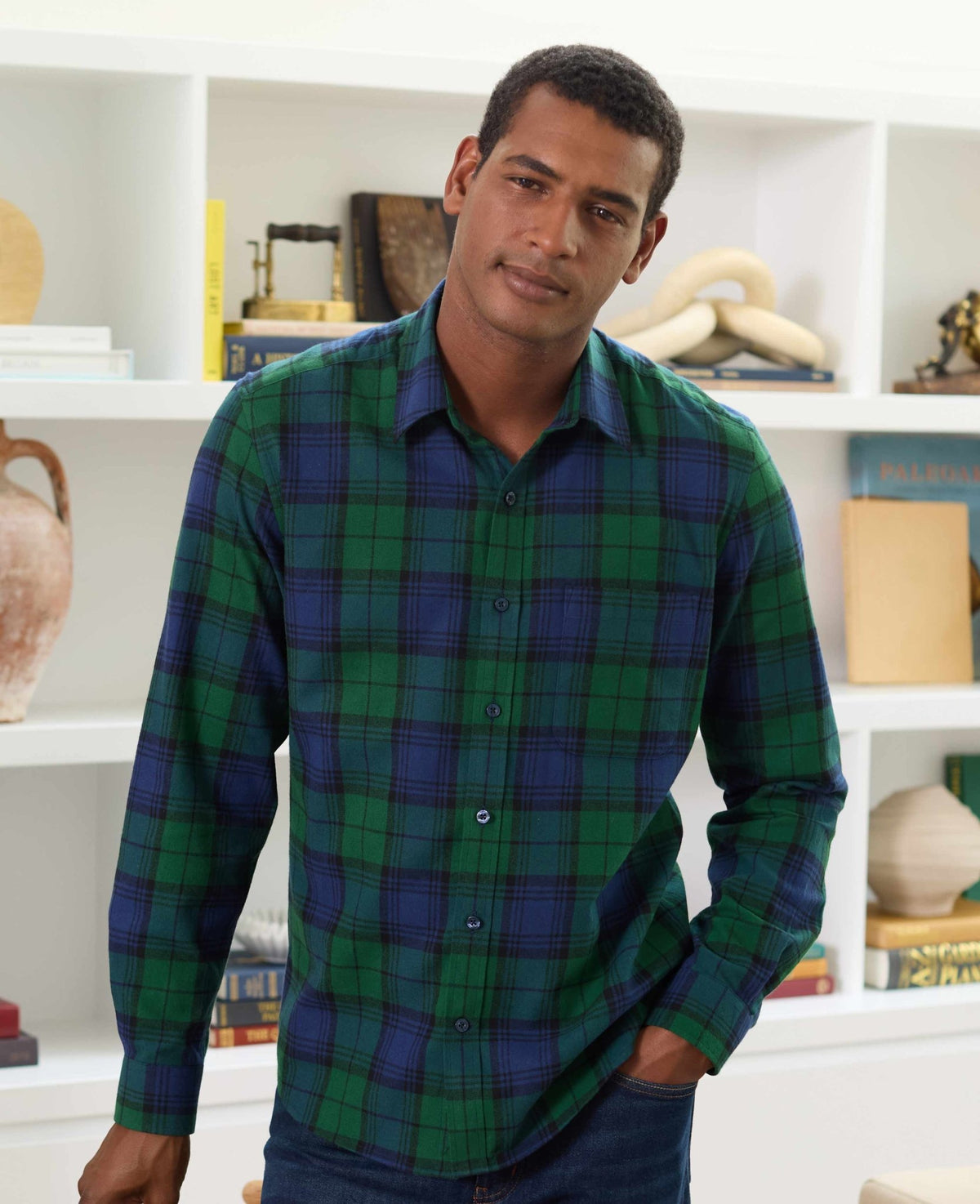 Men's Green Blue Brushed Cotton Check Slim Fit Casual Shirt model shot