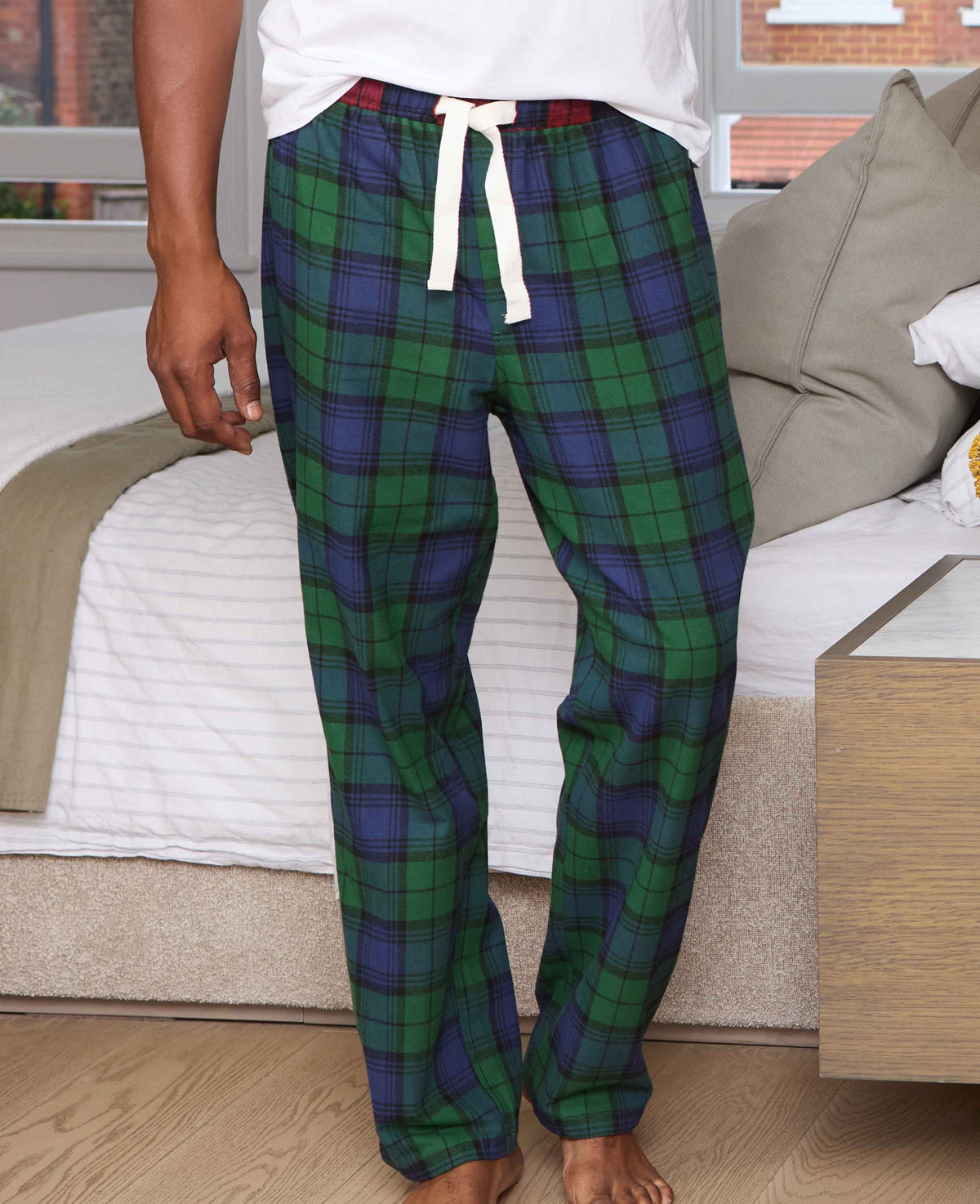 Men's Green Blue Brushed Cotton Twill Window Check Lounge Pants model shot