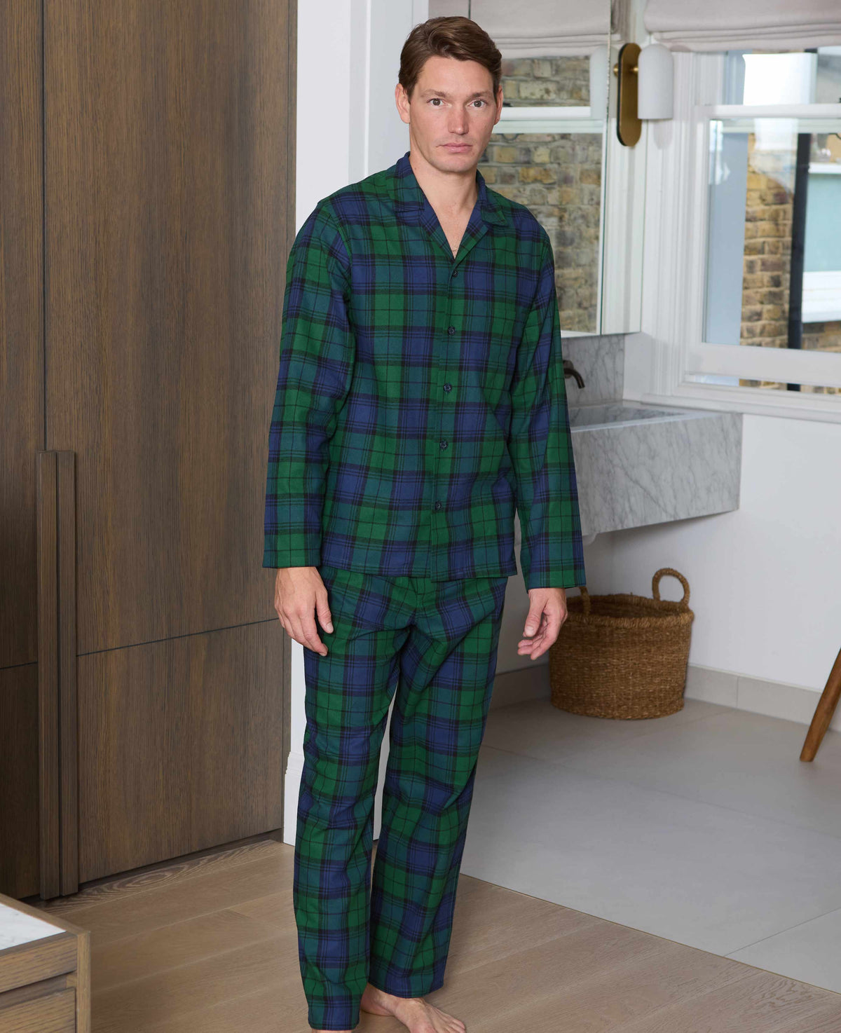 Men's Green Blue Brushed Cotton Twill Window Check Pyjamas model shot