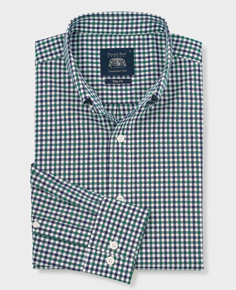 Green Blue Poplin Gingham Check Slim Fit Casual Shirt