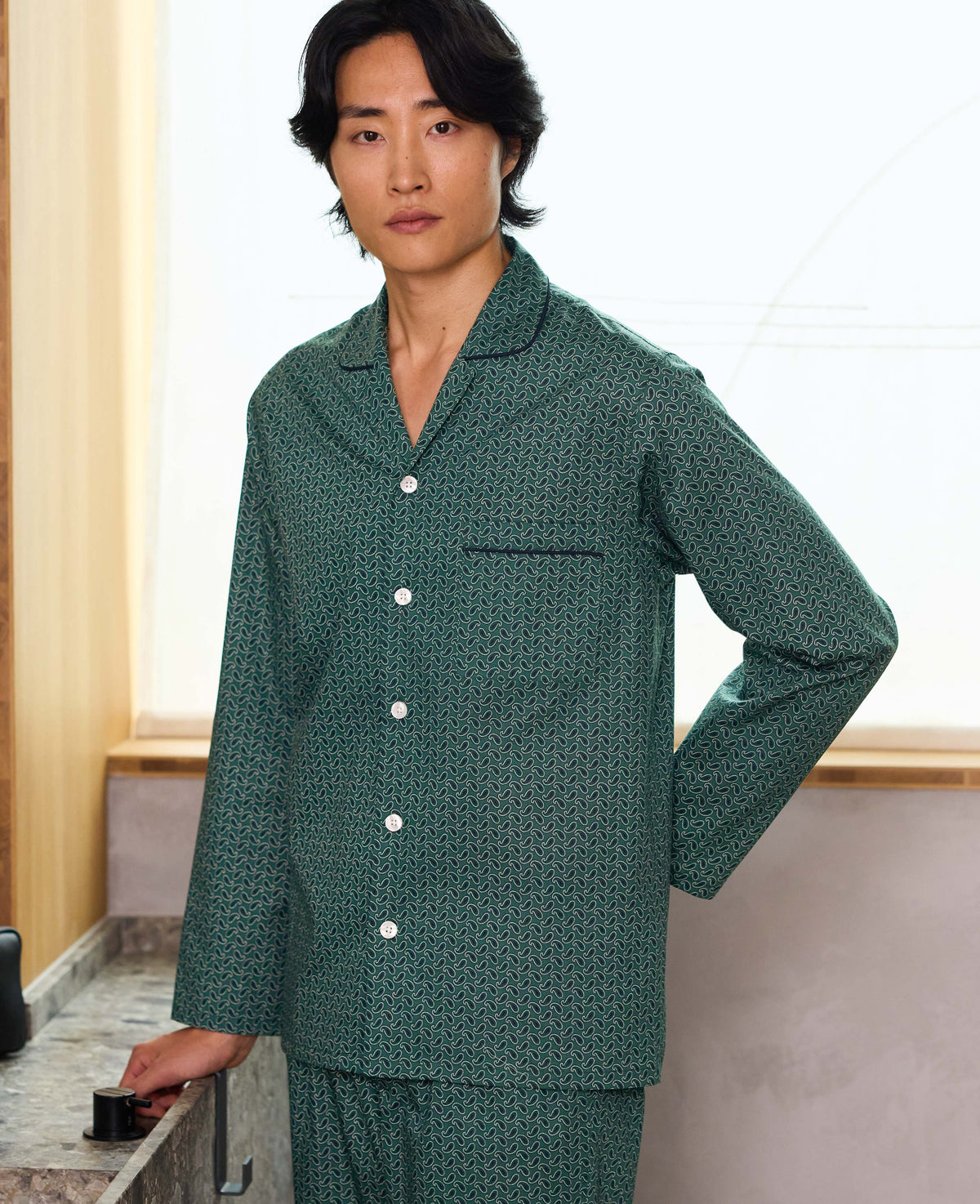 Green Cotton Paisley Revere Collar Pyjamas