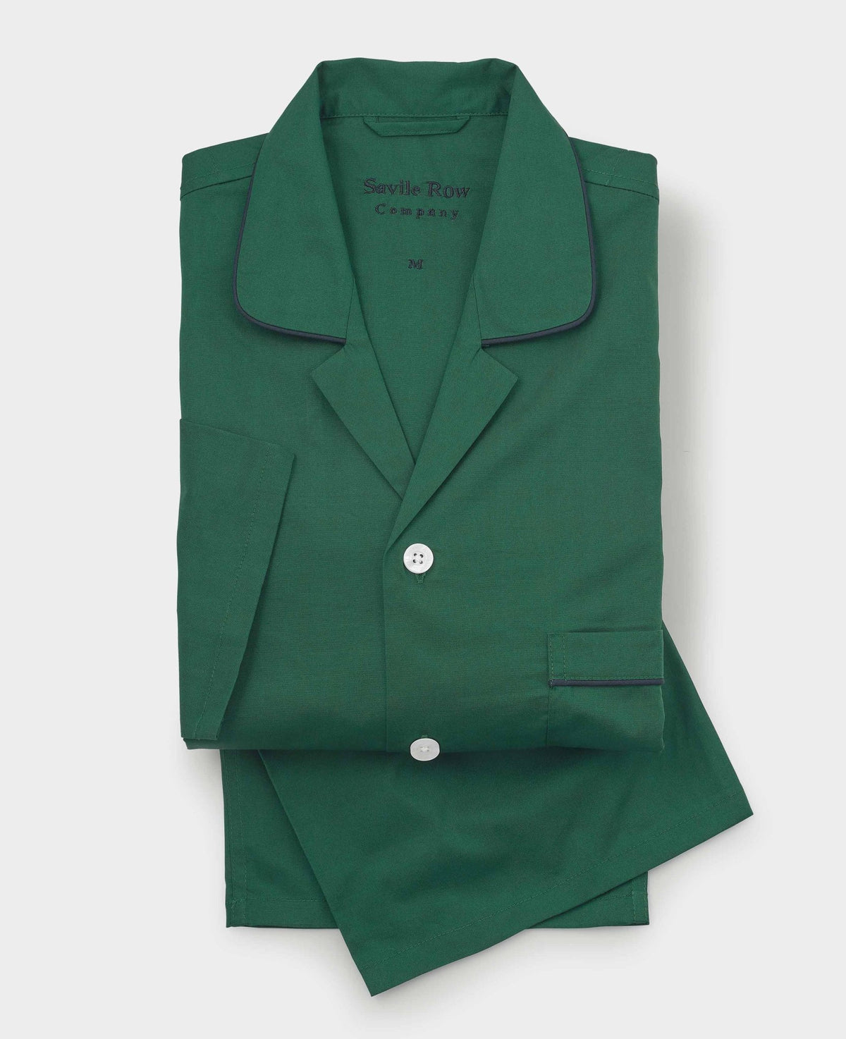 Green Cotton Revere Collar Pyjamas With Trim