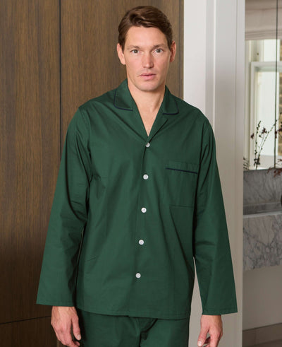 Green Cotton Revere Collar Pyjamas With Trim