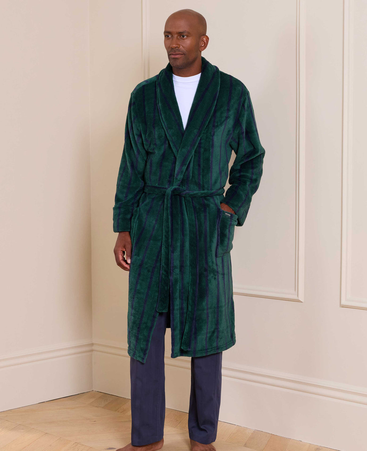 Green Navy Stripe Fleece Dressing Gown
