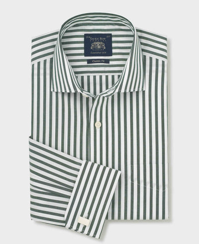 Green Stripe Cotton Poplin Classic Fit Formal Shirt - Double Cuff