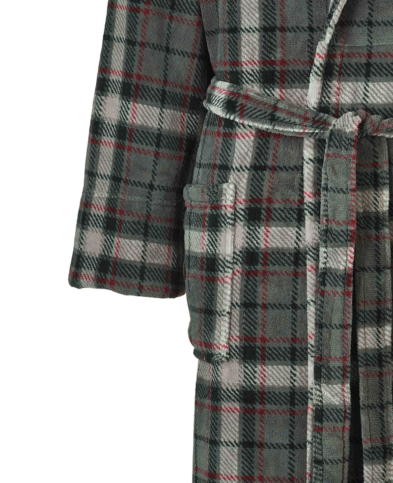 Grey Burgundy Check Fleece Dressing Gown