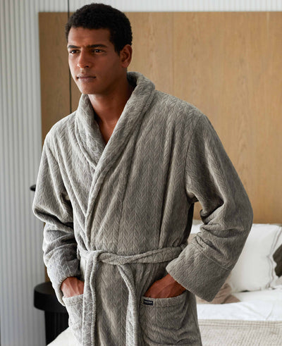 grey herringbone fleece dressing gown mdg1152gry model image 1