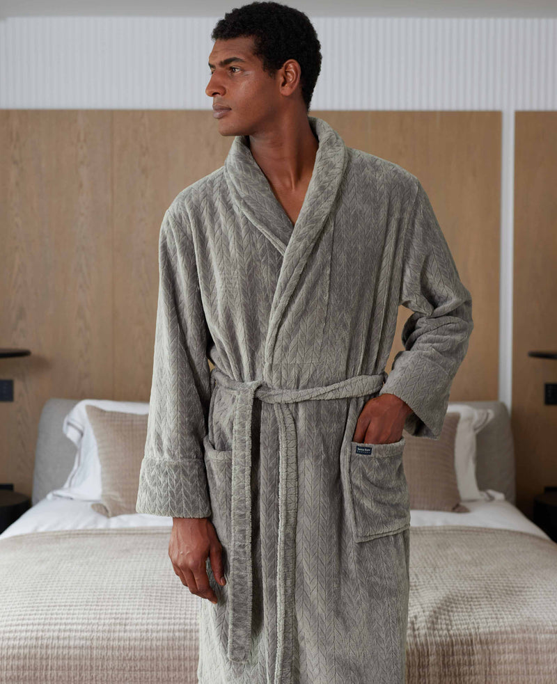 Grey Herringbone Fleece Dressing Gown