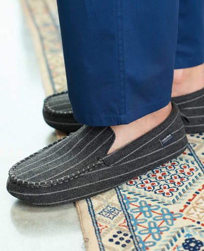 Grey Pinstripe Moccasin Slippers