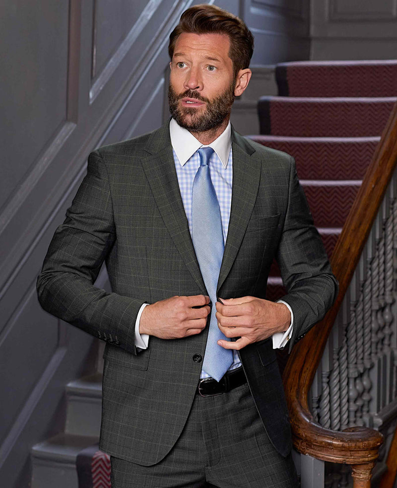 Men's Grey Prince of Wales Check Wool Blend Suit Jacket model shot 2