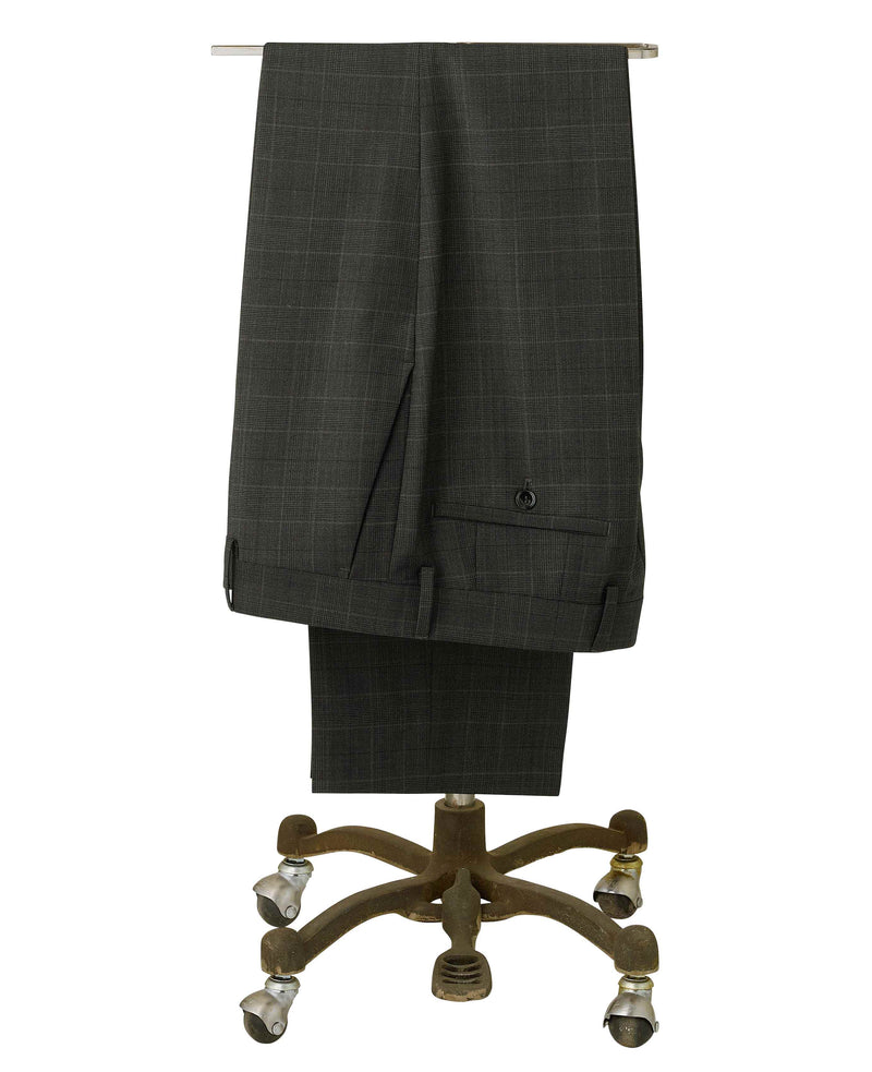 Men's Grey Prince of Wales Check Wool Blend Suit Trousers folded on rails