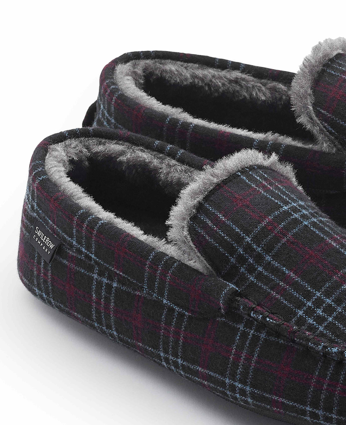 Grey Red Blue Check Moccasin Slippers