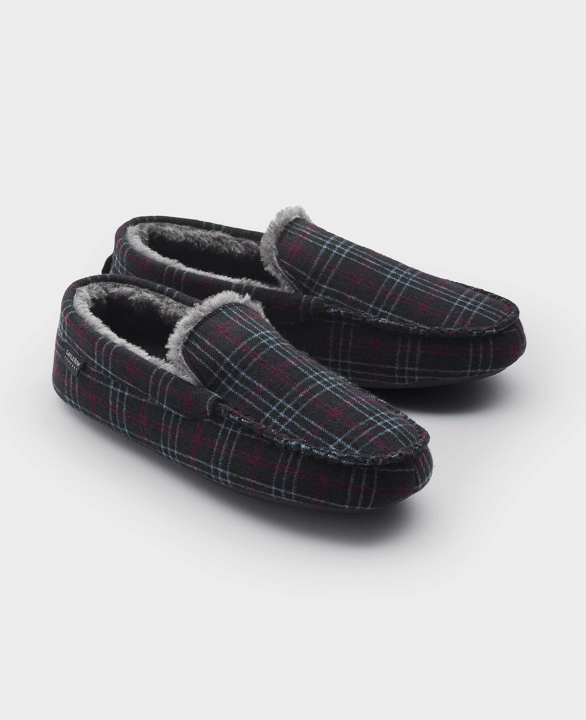 Grey Red Blue Check Moccasin Slippers