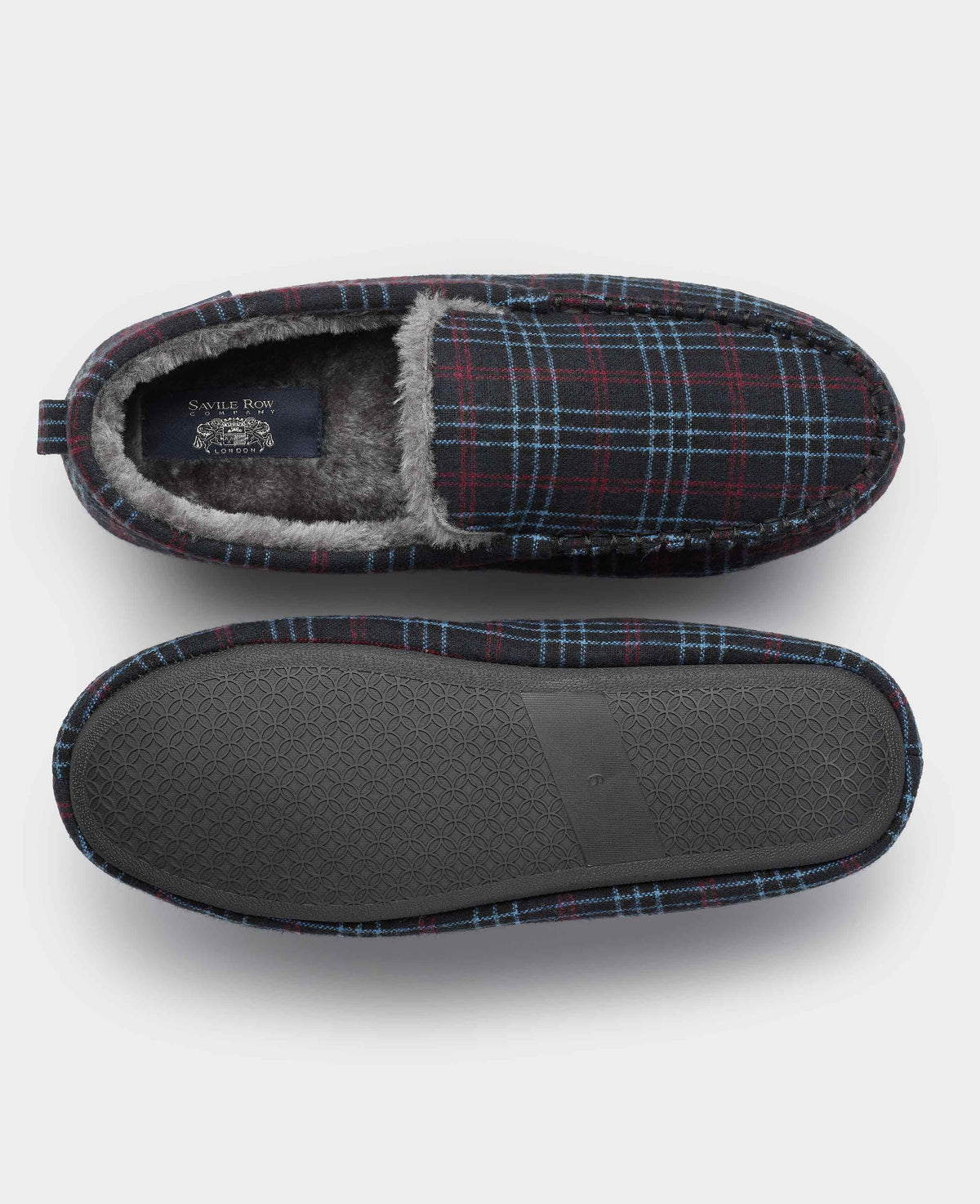 Grey Red Blue Check Moccasin Slippers