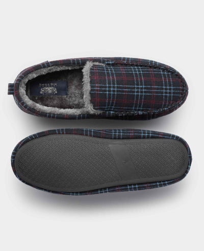Grey Red Blue Check Moccasin Slippers