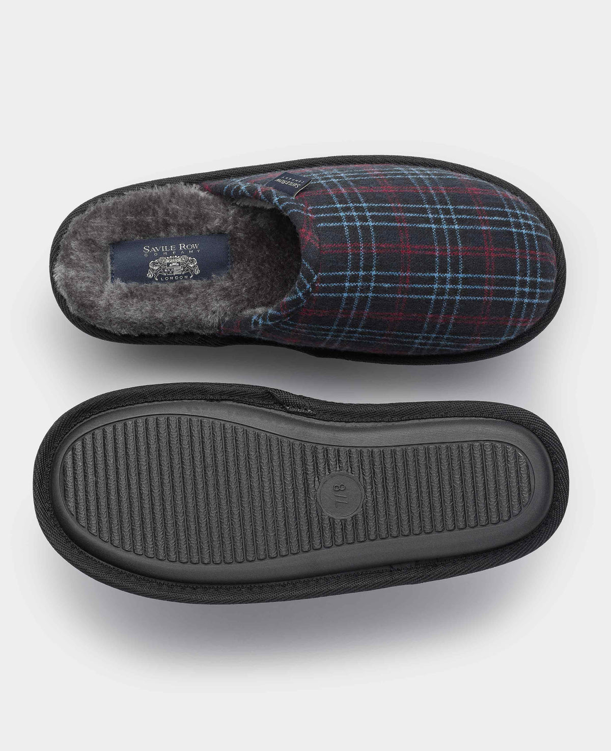 Grey Red Blue Check Mule Slippers