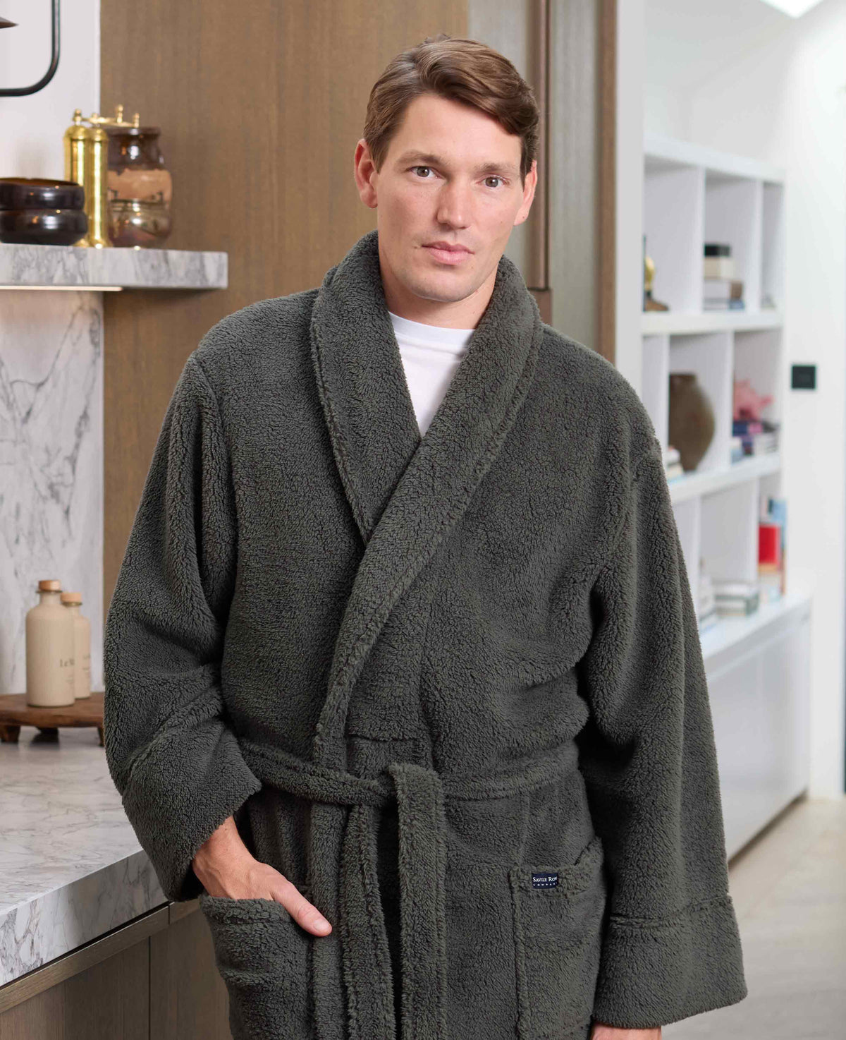 Men's Grey Teddy Fleece Dressing Gown model shot