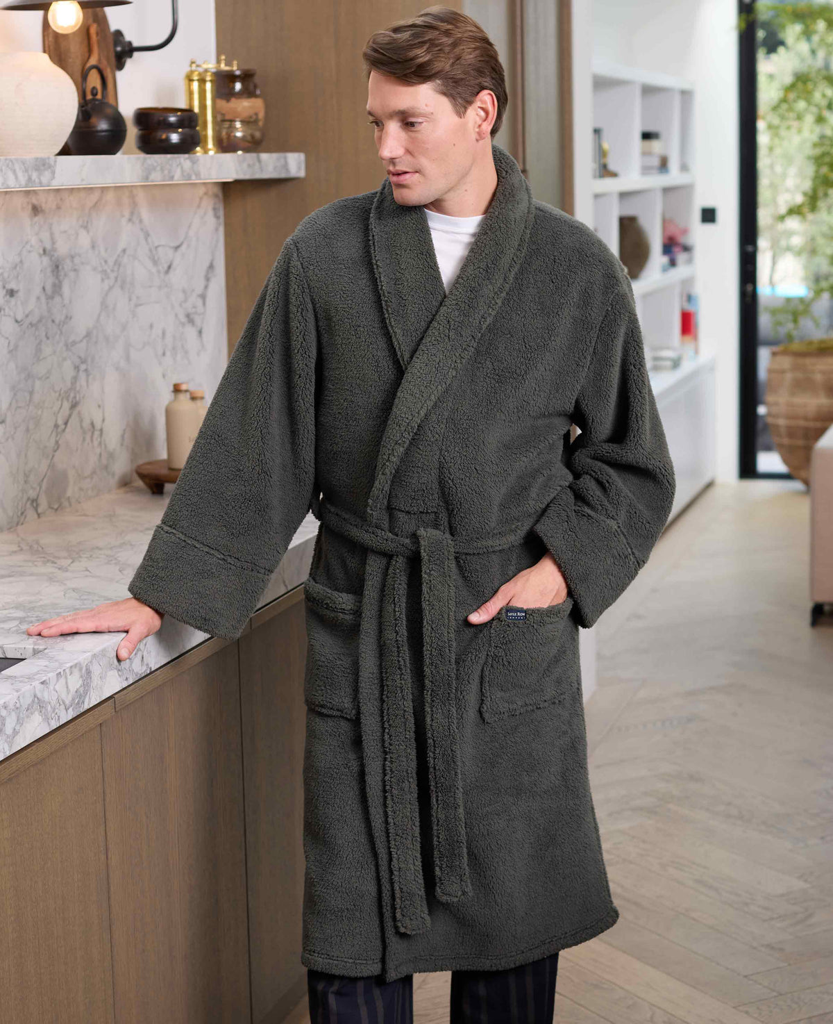 Men's Grey Teddy Fleece Dressing Gown model shot