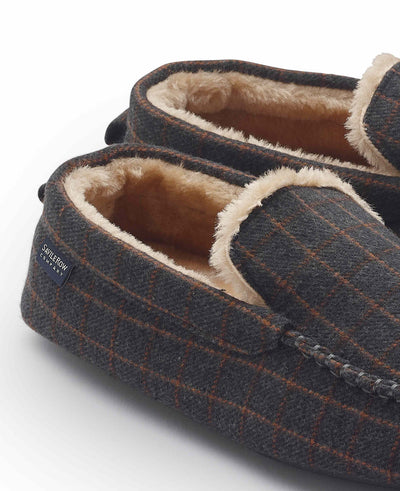 Grey Taupe Check Moccasin Slippers