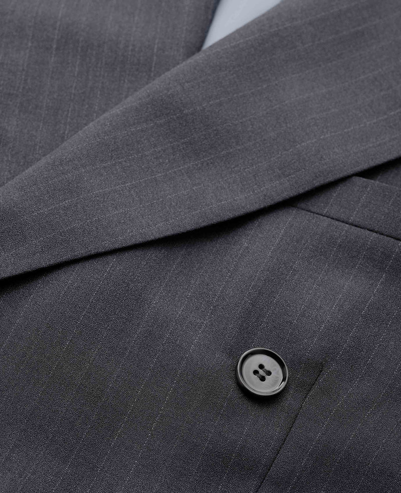 Men's Grey Wool Blend Chalk Stripe Double Breasted Suit Jacket chest detail