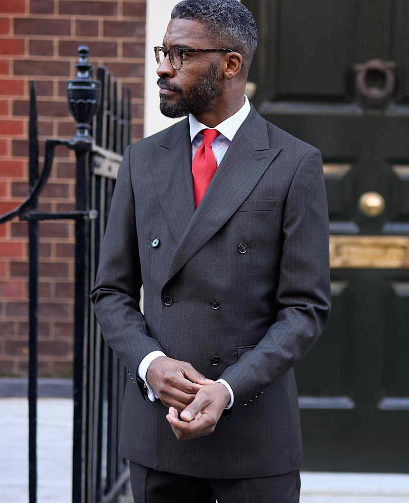 Men's Grey Wool Blend Chalk Stripe Double Breasted Suit Jacket model shot 1