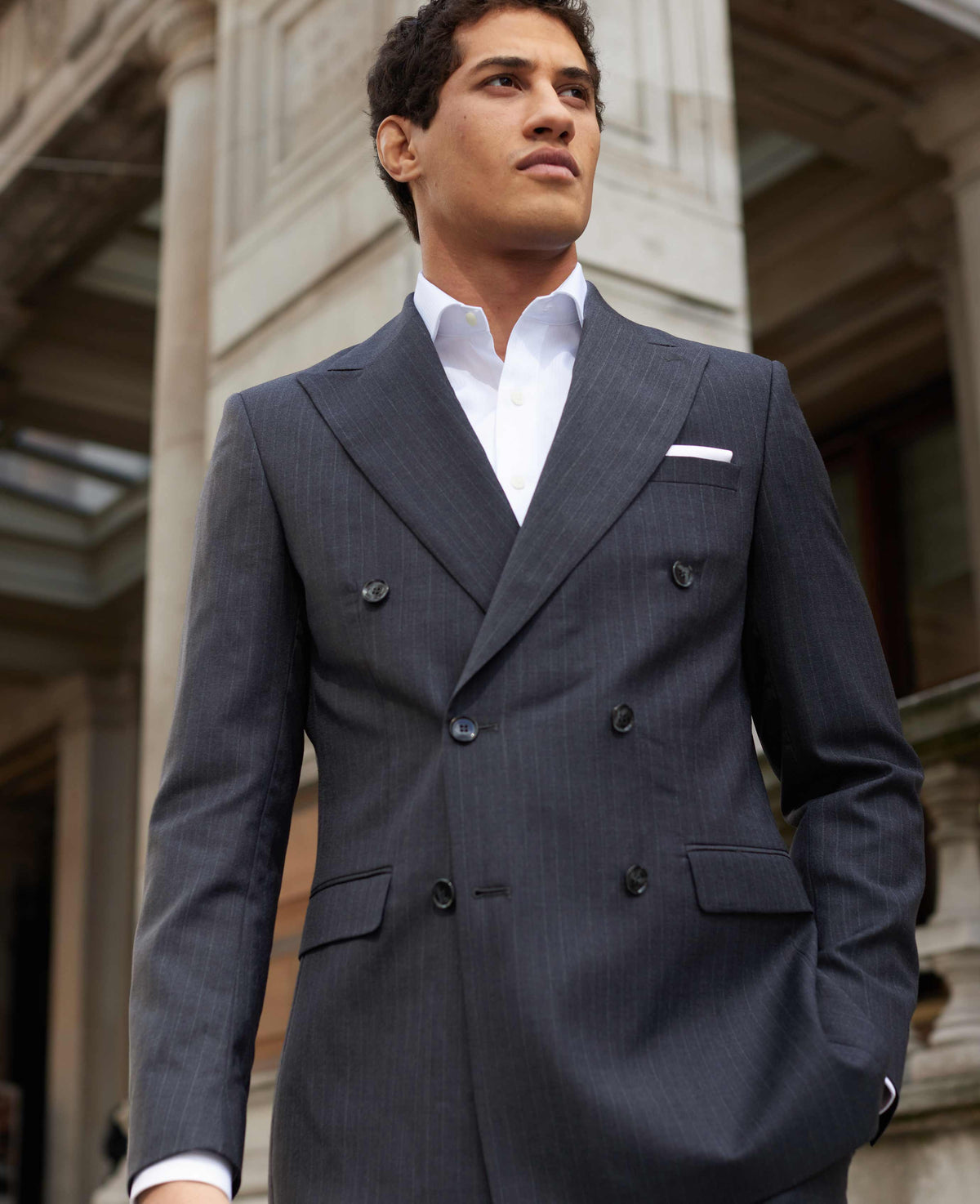 Men's Grey Wool Blend Chalk Stripe Double Breasted Tailored Suit model shot