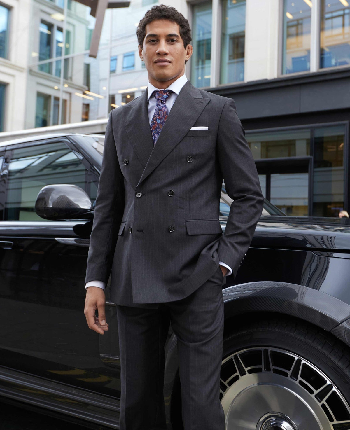 Men's Grey Wool Blend Chalk Stripe Double Breasted Tailored Suit model shot