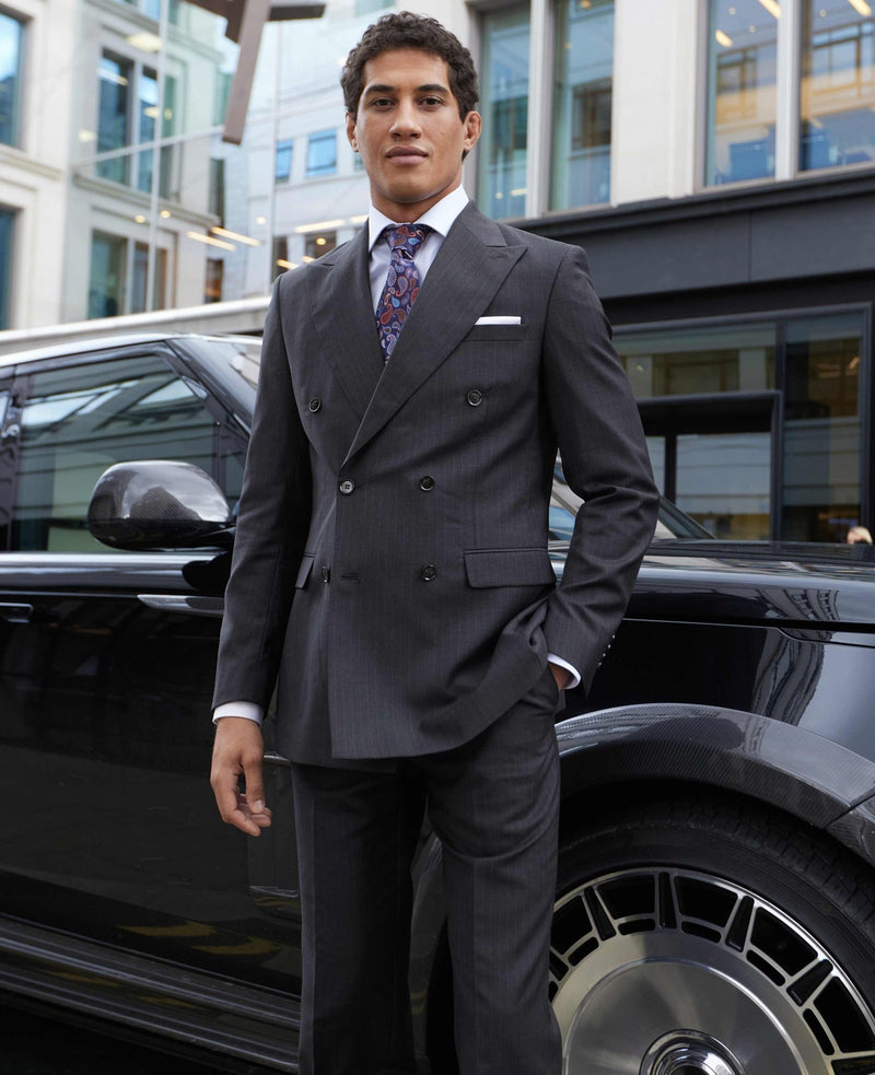 Grey Wool Blend Chalk Stripe Double Breasted Tailored Suit