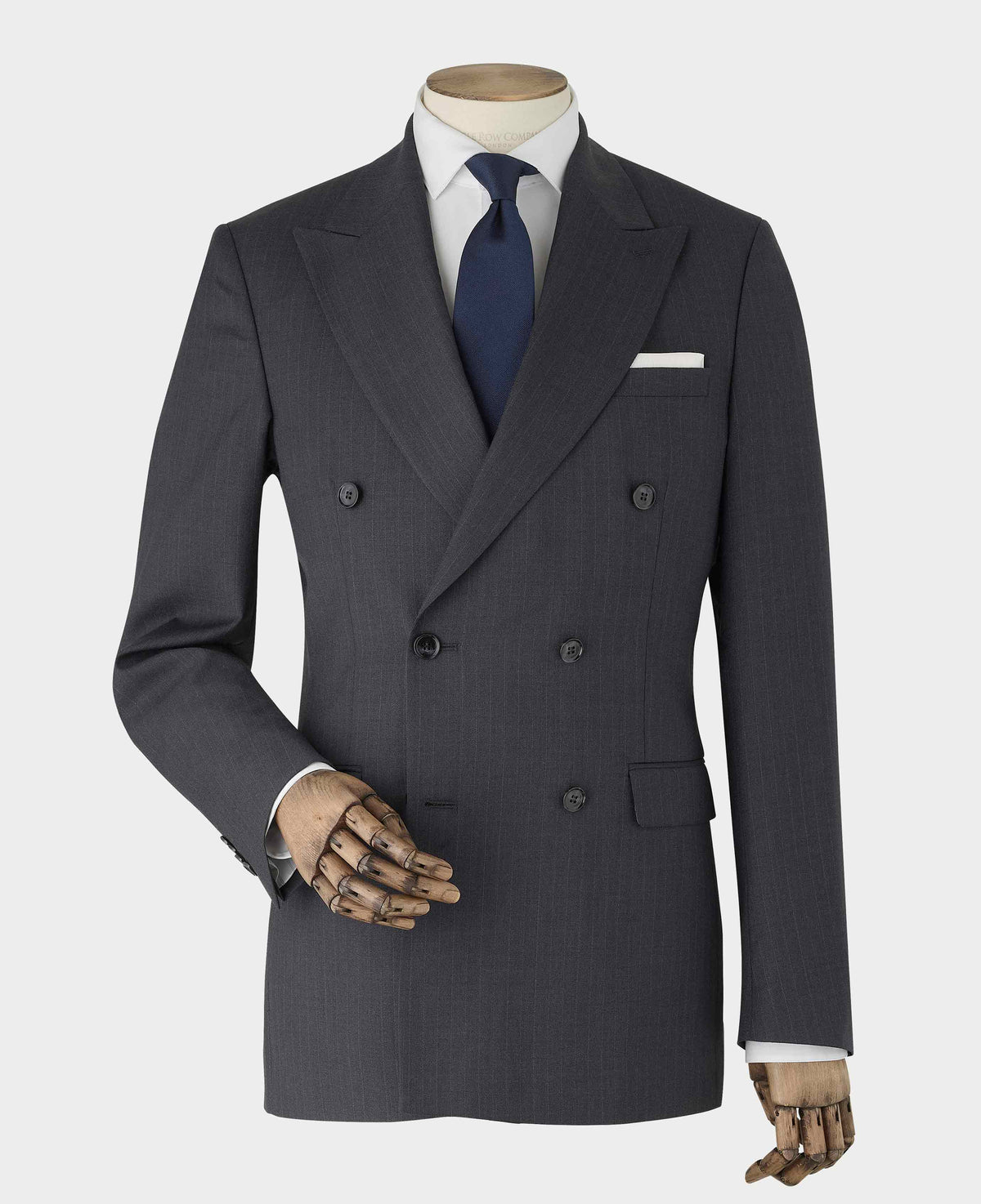 Men's Grey Wool Blend Chalk Stripe Double Breasted Tailored Suit jacket mannequin