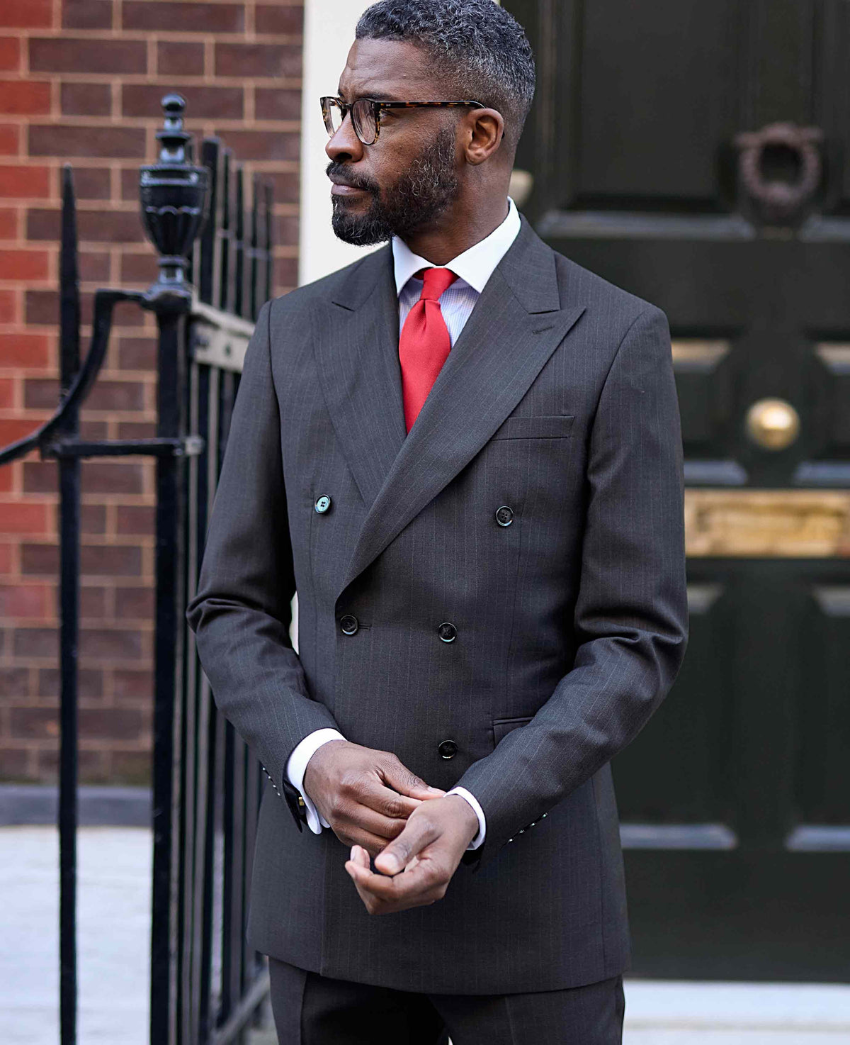 Men's Grey Wool Blend Chalk Stripe Double Breasted Tailored Suit model shot 1