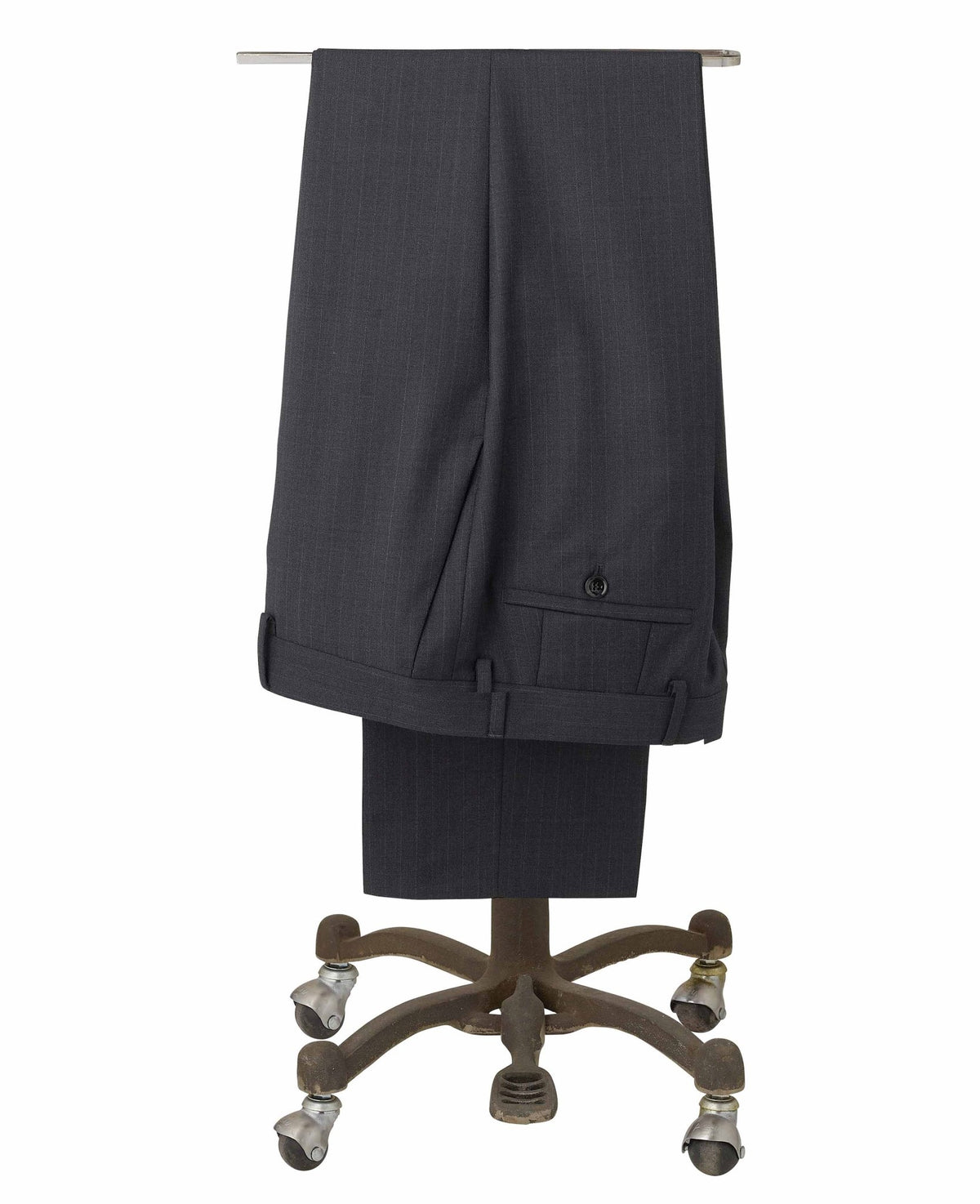 Men's Grey Wool Blend Chalk Stripe Suit Trousers folded on rails