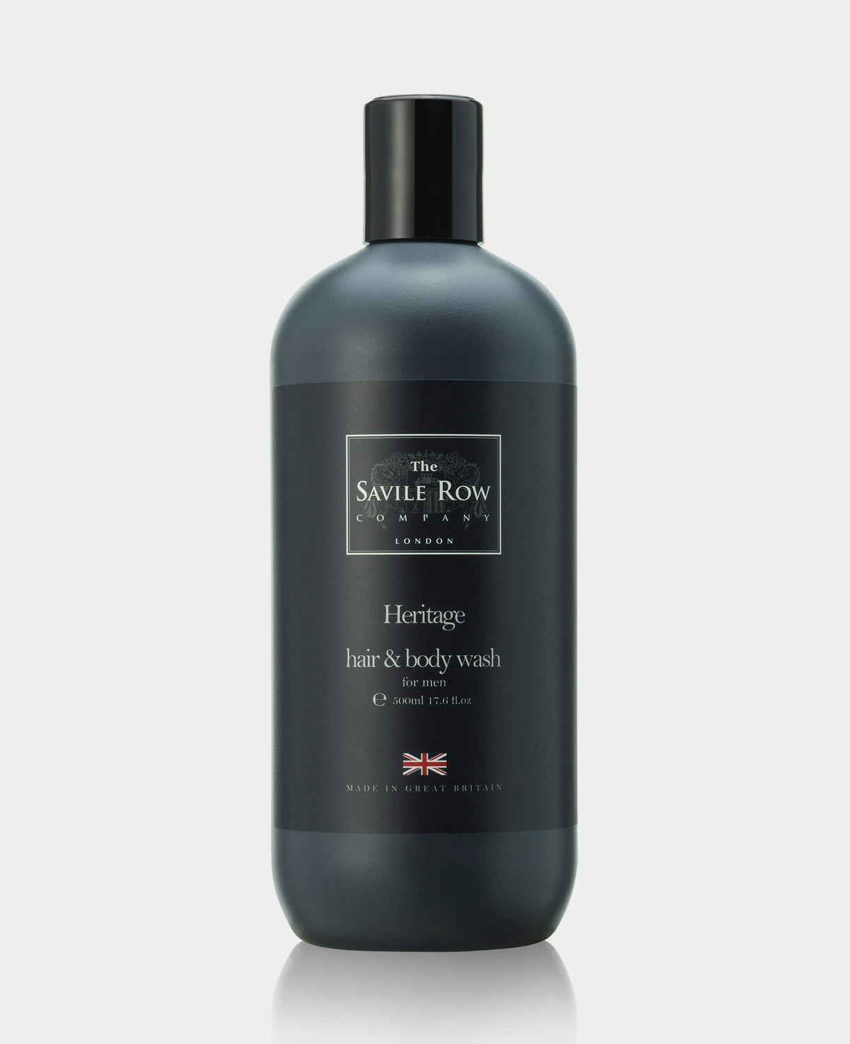 Black bottle of Savile Row hair and body wash on a white background