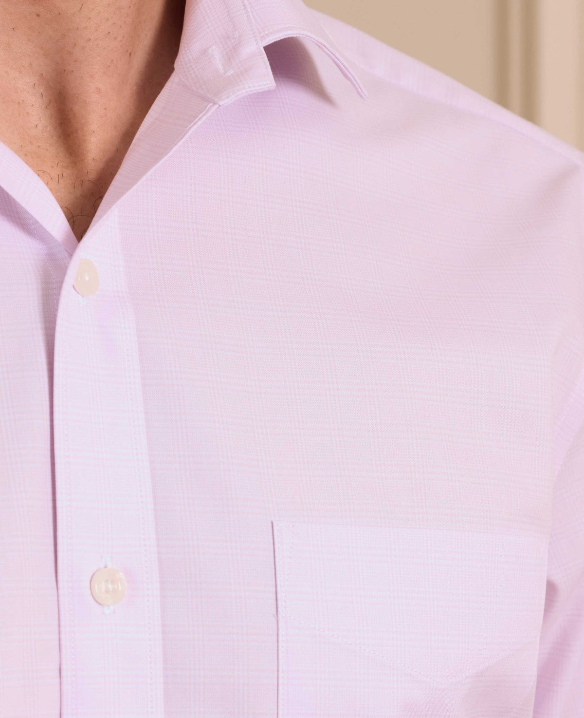 Pink Prince of Wales Check Cotton Twill Classic Fit Formal Shirt - Single Cuff